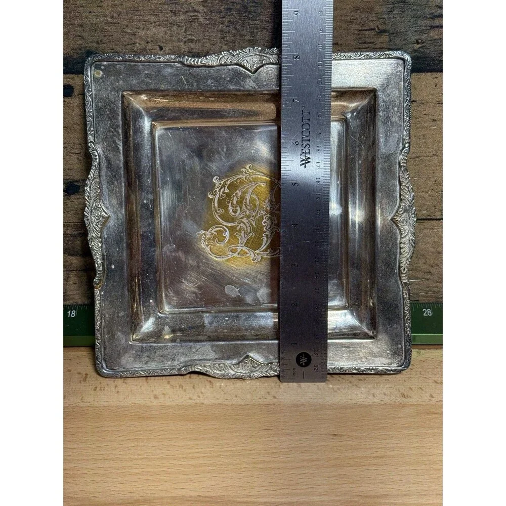 🔥ANTIQUE SILVER PLATED EMBOSSED CARD TRAY Monogram Square Footed 8” Patina